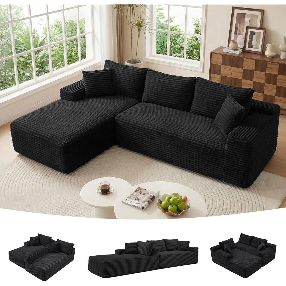 Cloud Modular Sectional Sofa, 105" Boneless Memory Foam L-Shaped Couch with Chaise, Corduroy Deep Seat Sectional for Living Room & Apartment, No Assembly Required (Black)