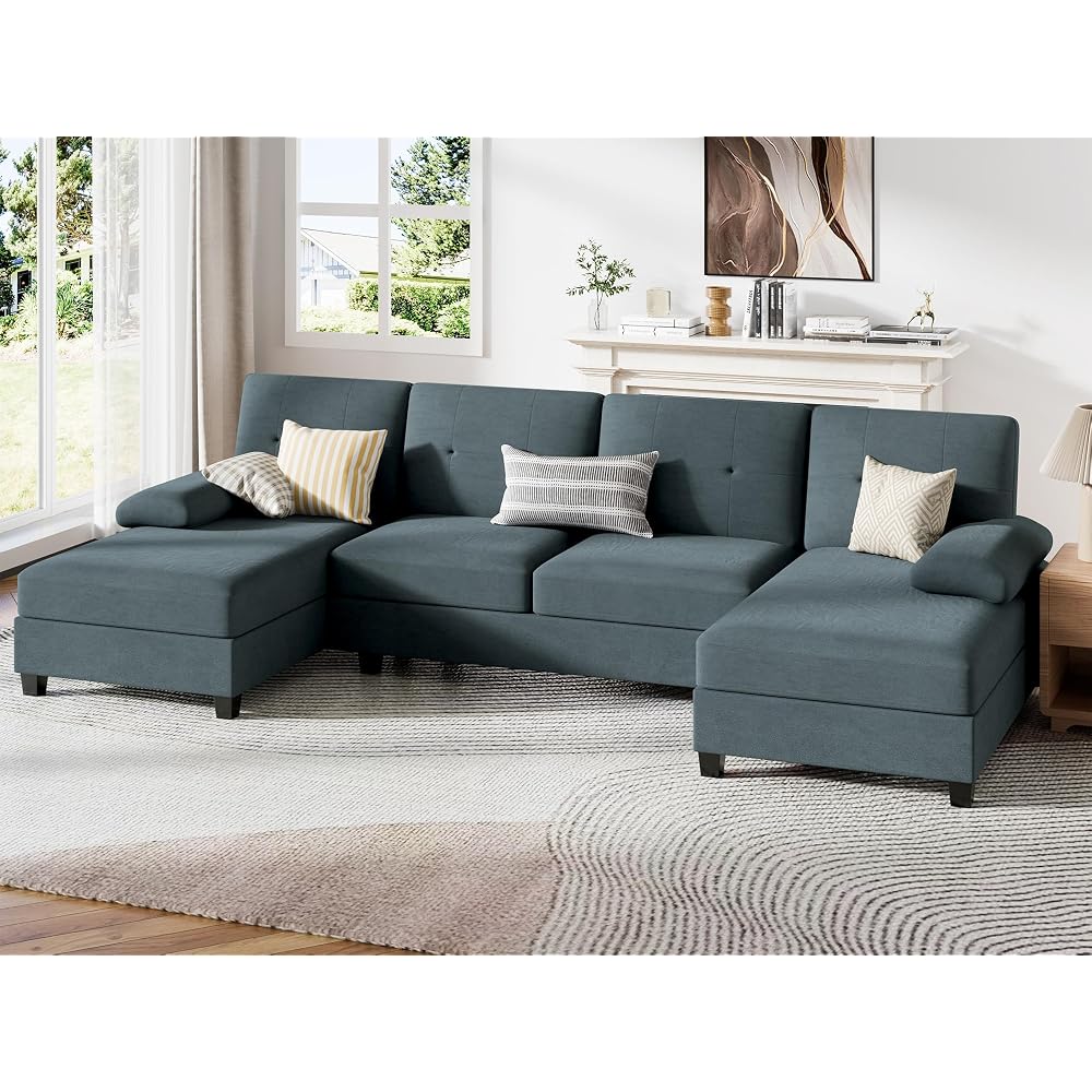JY QAQA Sectional Couche with Soft Cushion, U-Shaped Sofa with Double Chaise, 4-Seat Linen Fabric Sofa Sets for Living Room, Apartment, Grey