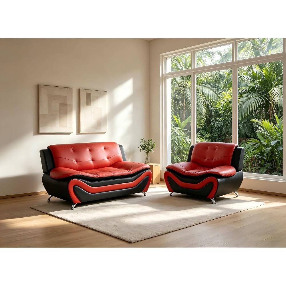 Living Room Furniture Set, 2-Piece Modern Black&Red Faux Leather Couches for Home, Living Room Sofa Sets, Loveseat and Chair with Metal Feet, Couch Set for RV Car, Hotel, Office