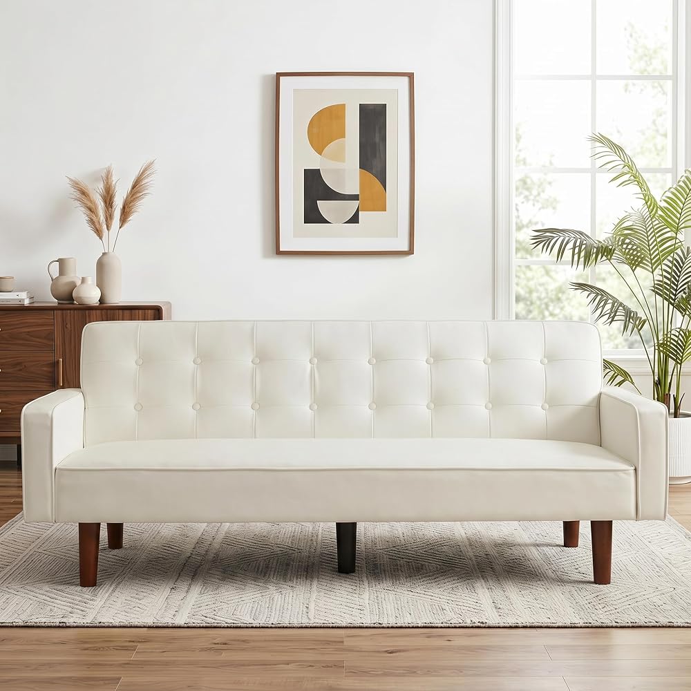 PU Leather Couch Bed, 3 Seater Leather Sofa with Adjustable Backrest, Leather Sofa Couch with Wood Legs, Modern Convertible Loveseat Sofa for Office & Living Room, Leather White
