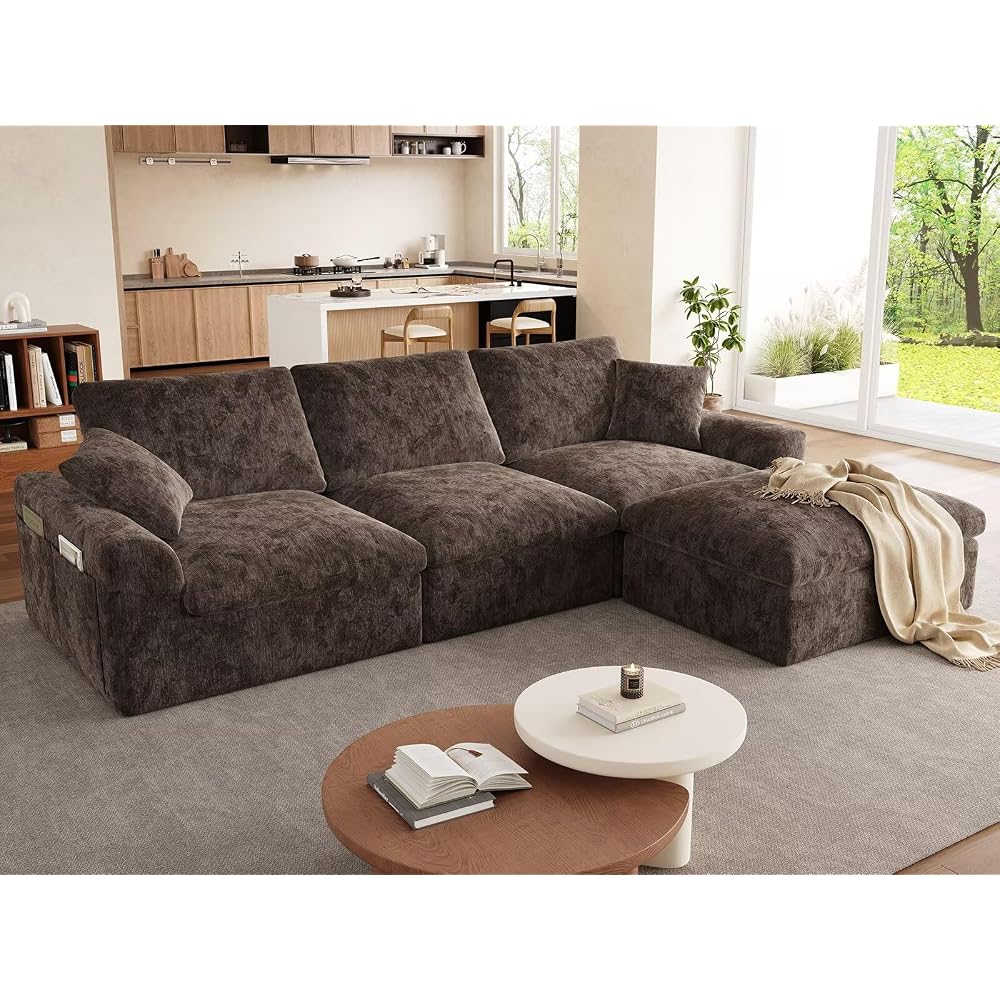 119" Cloud Couch Sectional for Living Room, Oversized Boneless Couches with Ottoman, Convertible L-Shaped 3 Seater Modular Sofa, Modern Sectional Sofa with Adjustable Backrest, Brown