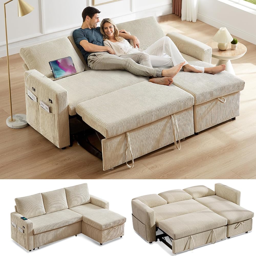 82" L Shaped Sectional Sleeper Sofa Bed with Pull Out Bed, Pull Out Couch Bed with Reclining Backrest, Reversible Storage Chaise, USB Ports, Tool-Free Assembly, Corduroy Beige