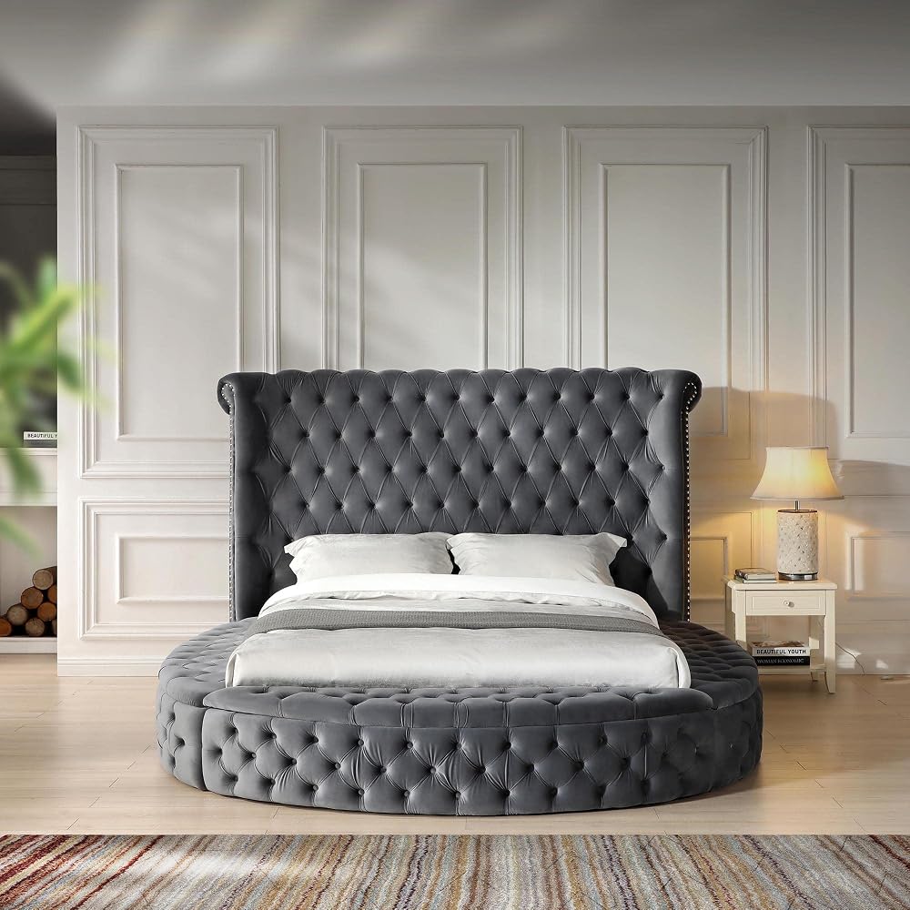 Elizabeth 107 x 101 Velvet Round Storage King Bed in Gray