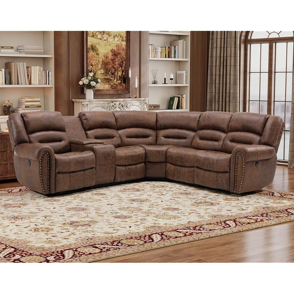 Power Reclining Sectional Sofa, 5 Seater L-Shaped Home Theater Seating with Storage Console and USB&Type-C Ports, Family-Sized Corner Sectional Couch for Living Room, Nut Brown
