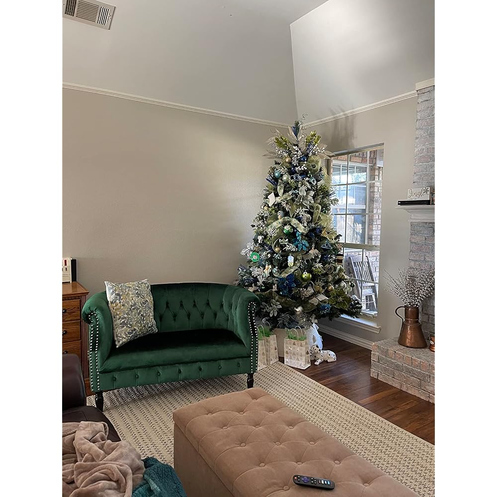 Melaina Tufted Chesterfield Velvet Loveseat with Scrolled Arms, Emerald and Dark Brown