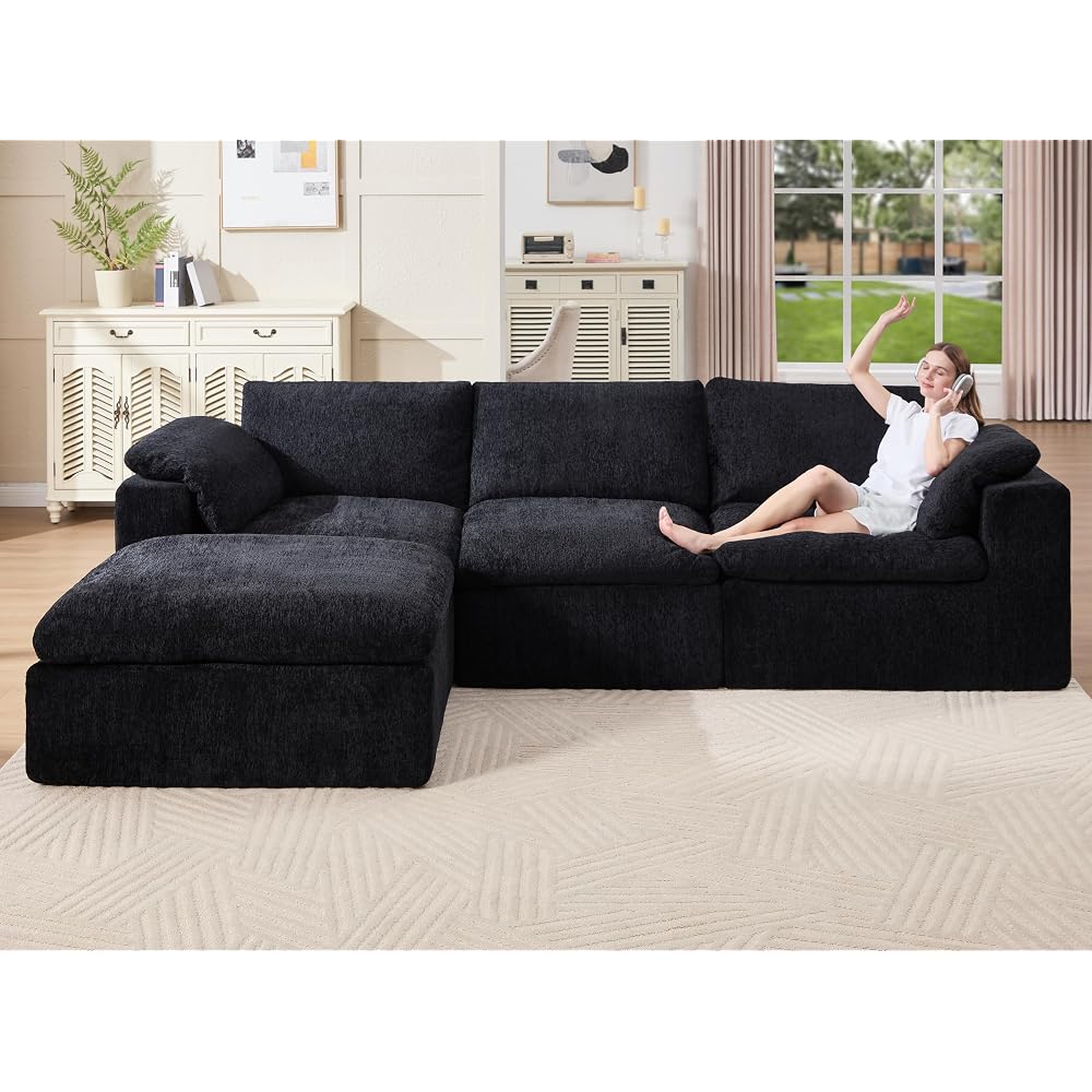 120" Cloud Modular Sectional Sofa, No-Assembly Chenille Couch, Black