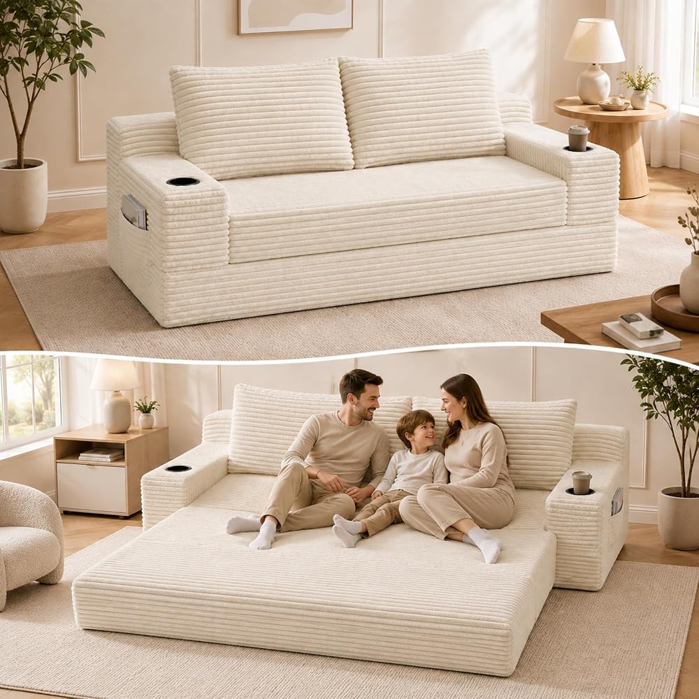 Boneless Sofa Bed 70.8 Inch Convertible with Cup Holder,Beige