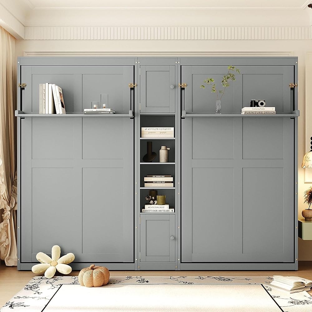 Dual Twin Murphy Beds with Storage Shelves and Cabinets, Pine Wood Space-Saving Hideaway Double Murphy Wall Beds with Storage,Support Legs and Slats