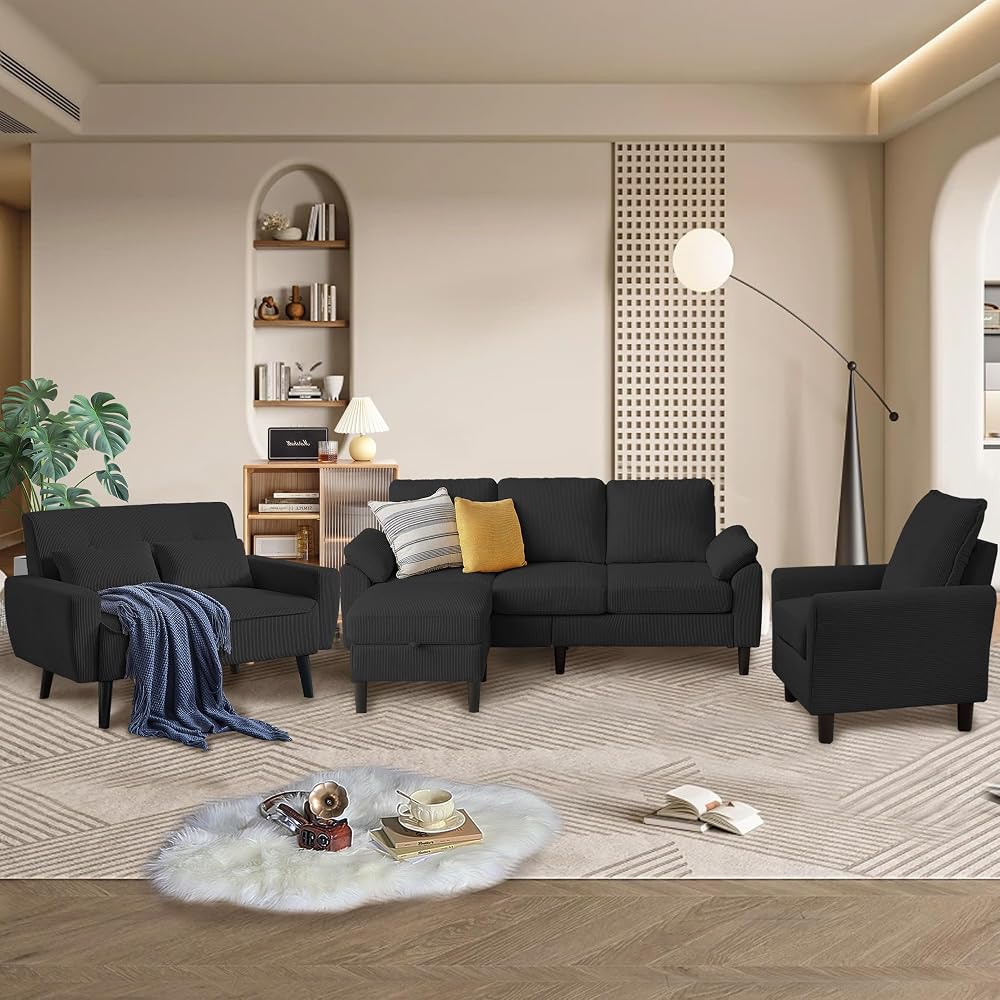 4 Piece Modern Corduroy Sofa Set, L-Shaped Sectional Couch with Storage Ottoman, Loveseat & Single Arm Chair, Side Storage Pockets, Removable Cushions for Living Room Apartment