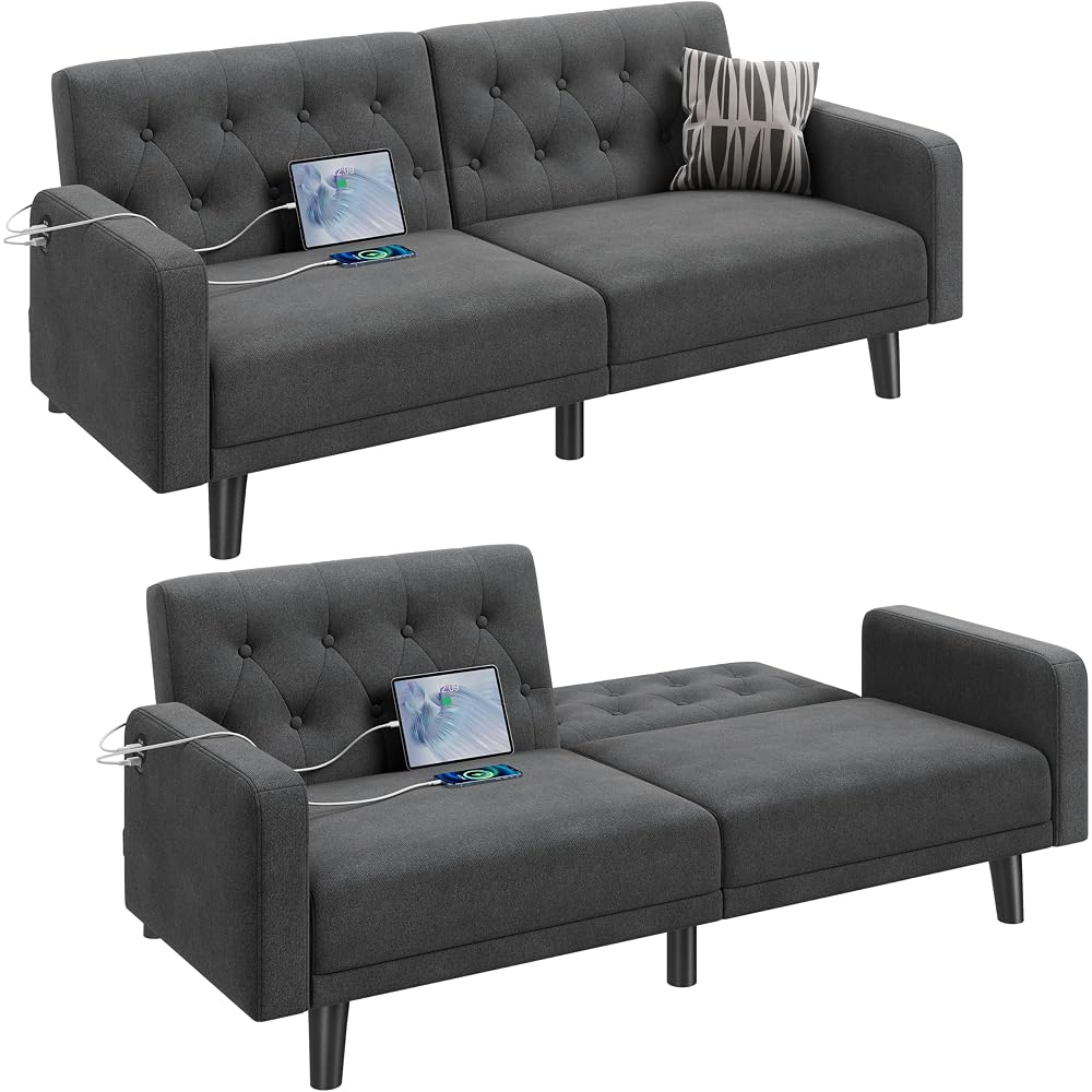63" Small Futon Sofa Bed, Convertible Couch with USB, Dark Gray