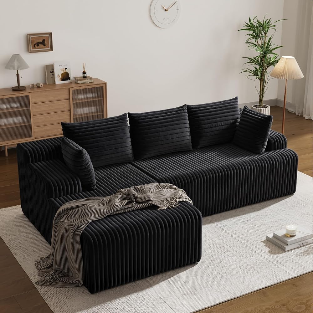 97" Plush Faux Rabbit Fur Cloud Couch with Chaise Black