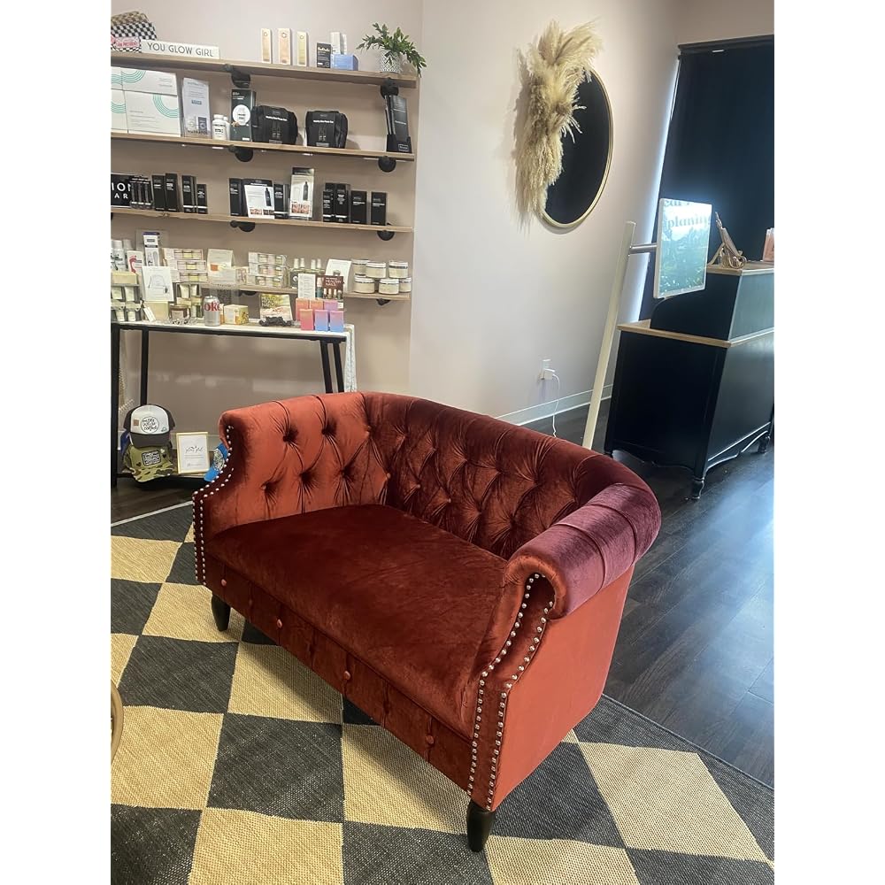 Melaina Tufted Chesterfield Velvet Loveseat with Scrolled Arms, Emerald and Dark Brown