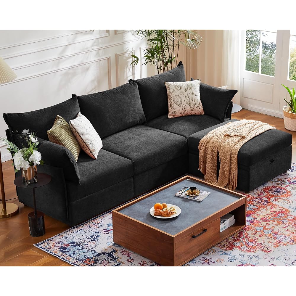 102.6" L Shaped Modular Sectional Couch with Washable Chenille Cover, 4 Seater Deep Seat Sofa with Storage Ottoman & Reversible Chaise for Living Room, Pet-Friendly, Black