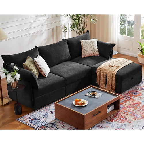 102.6" L Shaped Modular Sectional Couch with Washable Chenille Cover, 4 Seater Deep Seat Sofa with Storage Ottoman & Reversible Chaise for Living Room, Pet-Friendly, Black