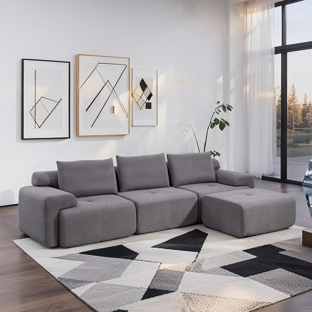 120" Modern L-Shaped Modular Sectional Sofa, No Assembly Modular Boneless Couch Oversized 3-Seater Cloud Couch with Deep Seat and Movable Ottoman for Living Room-Corduroy Upholstery Grey