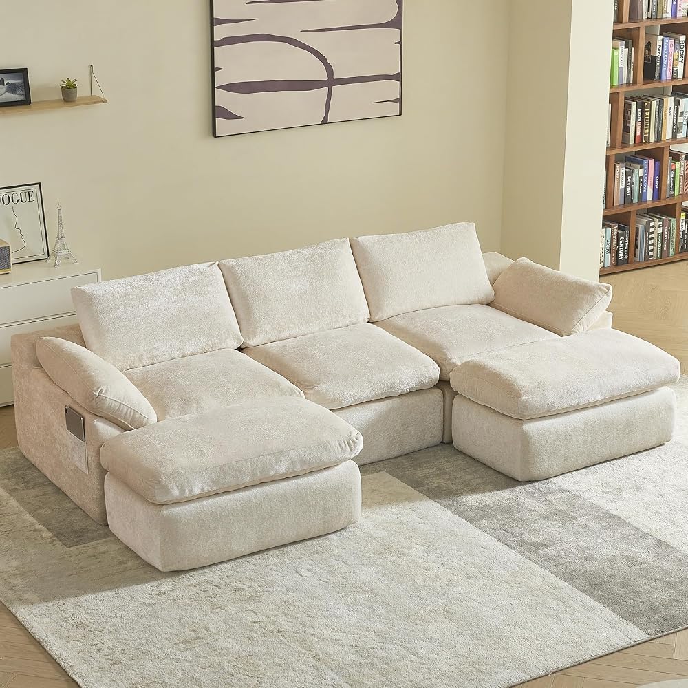 U-Shaped Sectional Sofa with 2 Ottomans, Beige 60.6''x108''x22.8''