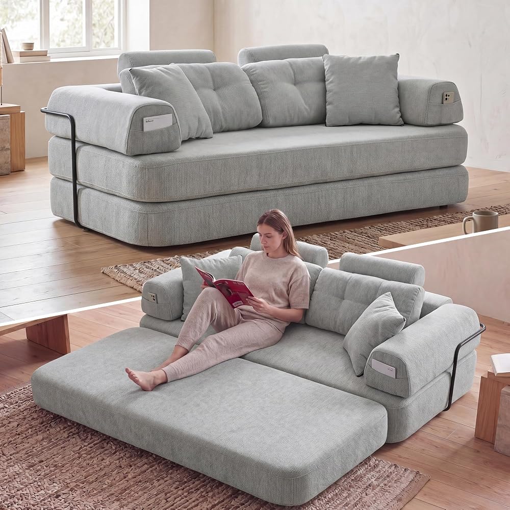 Convertible Floor Sofa Bed with High Headrest, Boneless Loveseat Sleeper Couch with 2-in-1 Blanket Pillows, Memory Foam Futon Sofa for Apartments (Grey)