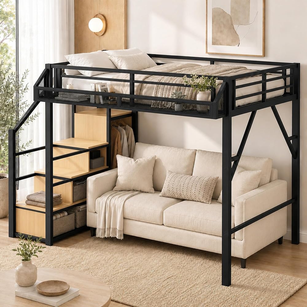 Full Size Loft Bed with Storage Stairs, Four-Sided Guardrail and Storage Shelves, Metal Loft Bed with Wardrobe for Kids, Teens and Adults, Modern Full Loftbed for Bedroom, Natural