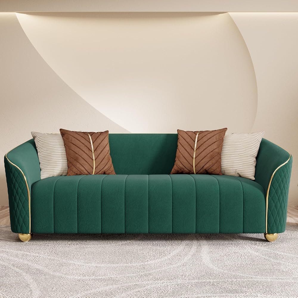 1-Piece Luxury Velvet Sofa Set for Living Room, Elegant Design Couch Set with Curved Armrests and Gold Edge Trim, Tufted Upholstered Couch with Gold Metal Legs (Green, 3 Seater)