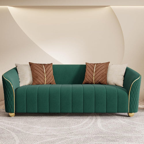 1-Piece Luxury Velvet Sofa Set for Living Room, Elegant Design Couch Set with Curved Armrests and Gold Edge Trim, Tufted Upholstered Couch with Gold Metal Legs (Green, 3 Seater)
