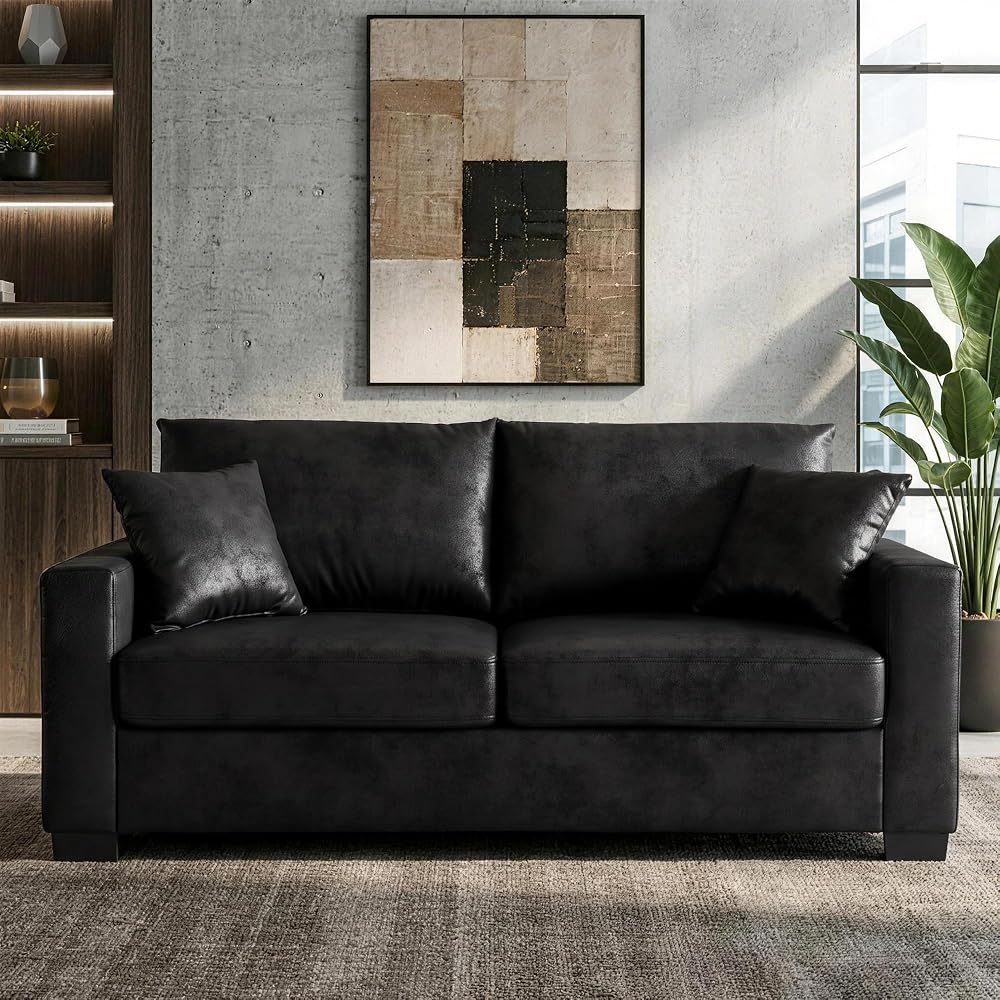 69" Modern Foil Fabric Loveseat Sofa, Compact Small Couch（Black）