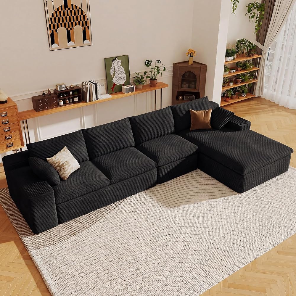 136" Cloud Sectional Couch with L-Shape Chaise, Modern Corduroy Viral Boneless Sofa for Living Room,Memory Foam Couches in a Box with Deep Seat,No Assembly Required (Black,Right-Facing Chaise)