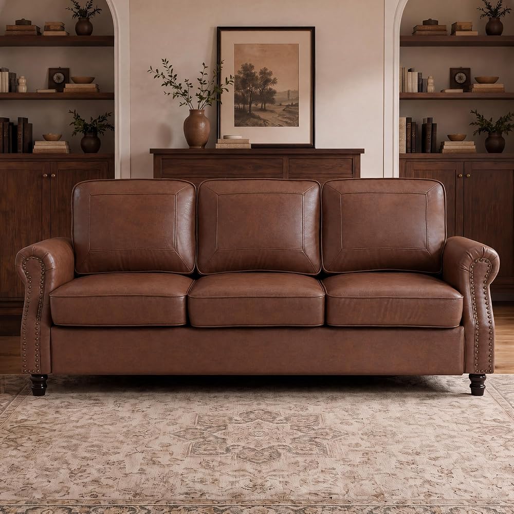 Faux Leather 3 Seater Sofa with Rolled Arms,Rust