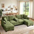 116" U Shaped Couch with with Double Chaise Lounges & Storage Console, Sectional Sofa Set with Storage Ottoman | USB Charging Ports, 4-Seat Couch with Cup Holder, Modern Couches for Living Room, Green