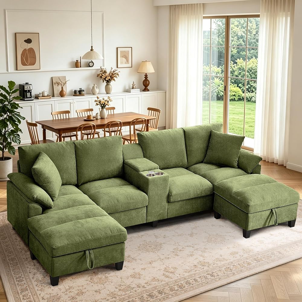 116" U Shaped Couch with with Double Chaise Lounges & Storage Console, Sectional Sofa Set with Storage Ottoman | USB Charging Ports, 4-Seat Couch with Cup Holder, Modern Couches for Living Room, Green