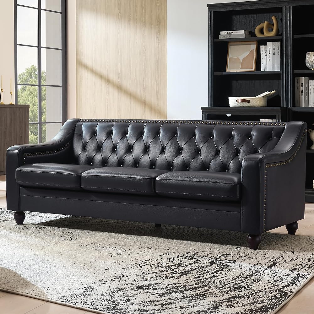 80" Leather Couch, Modern Genuine Leather Sofa, Chesterfield Sofa