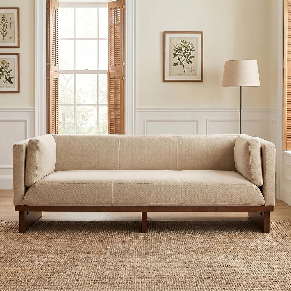 87" Recessed Modern Sofa Couch, 3 Seater Deep Seat Upholstered Polyester Fabric Sofa with Straight Back, Arms & Solid Wood Frame, Accent Sofa for Living Room Bedroom, Almond