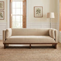 87" Recessed Modern Sofa Couch, 3 Seater Deep Seat Upholstered Polyester Fabric Sofa with Straight Back, Arms & Solid Wood Frame, Accent Sofa for Living Room Bedroom, Almond