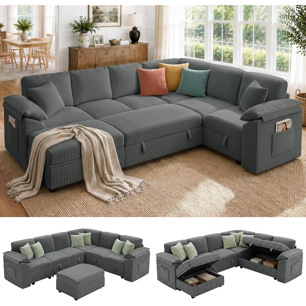 108" Modular Sectional Sleeper Sofa with Pull Out Bed, Dark Grey