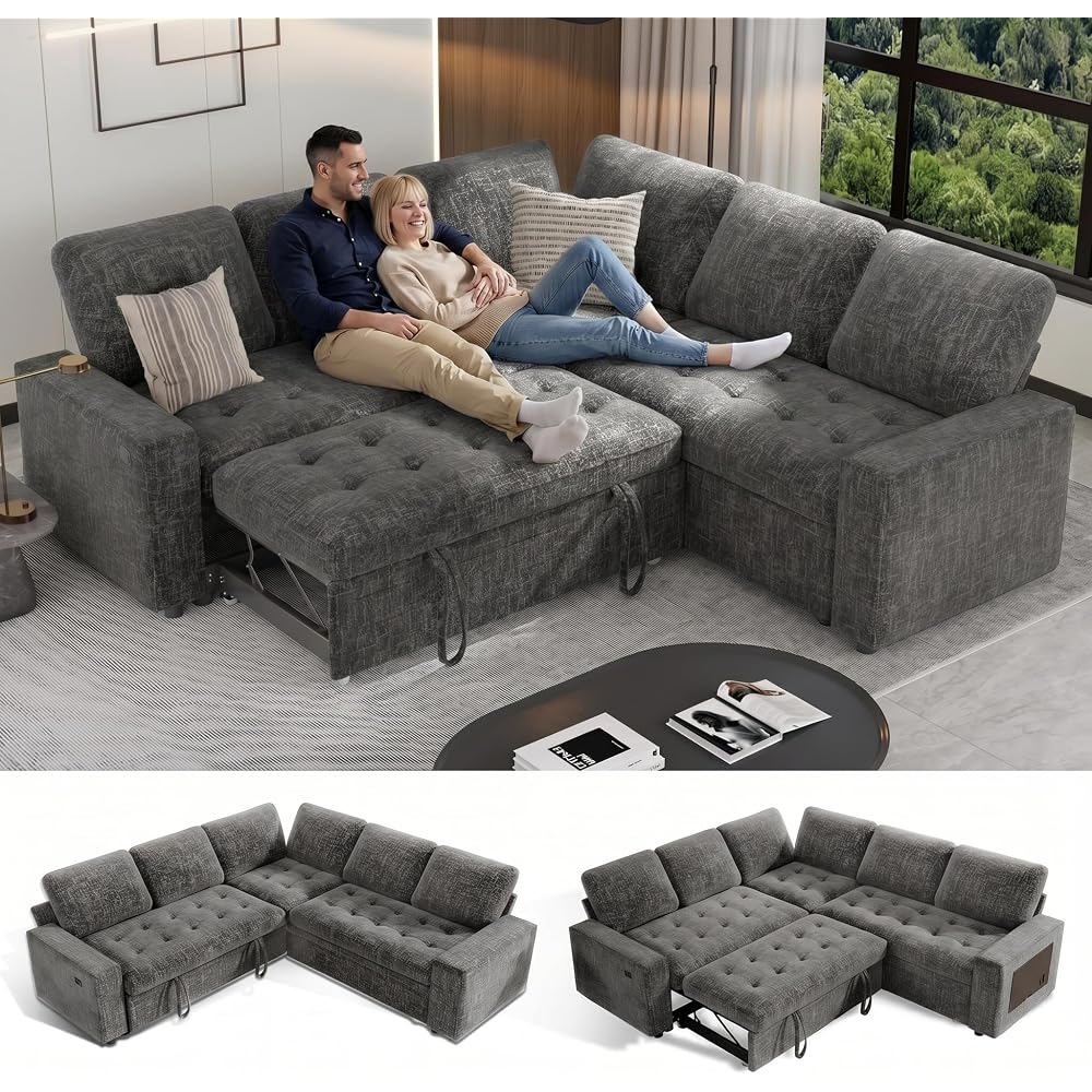 5-Seat Modular Sleeper Sofa with Pull-Out Bed & Storage, L-Shaped Chenille Sectional Couch, Reclining Backrest & USB Charging for Small Space Living Room, Dark Grey