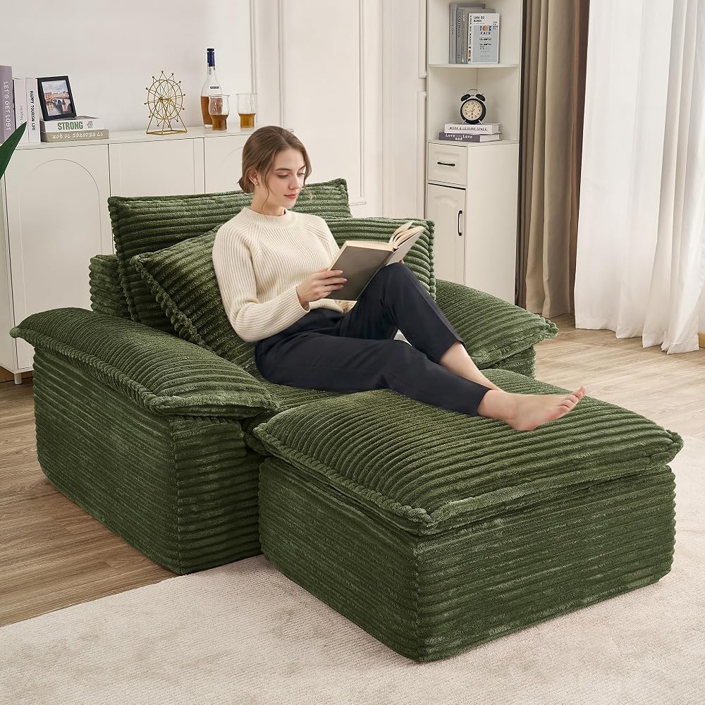 63" Oversized Lounge Sofa Chair with Ottoman, Deep Seat Cloud Couch Bed, Modular 1-Seater Sectional Sleeper Sofa, No Assembly Corduroy Couch for Reading Nook & Cozy Corner