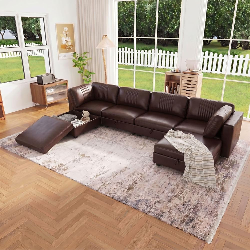 128" Faux Leather Modular Sectional Sofa with Storage, 6 Seater Waterproof & Scratch Resistant Leather Sectional Sofa, U Shaped Couch with Storage, Oversized Brown Sectional Couches for Living Room