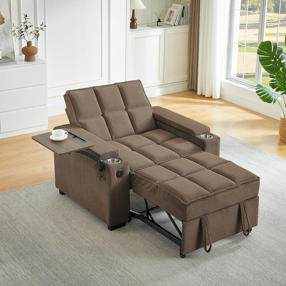 44" Single Sleeper Chair Bed, Pull Out Sleeper Sofa Bed, Coffee