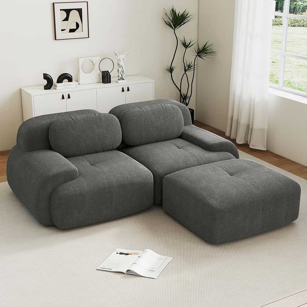 82" Foam Compressed Cloud Sofa,28" Feep Seat Pet-Friendly Corduroy Oversize Sectional Couch with Movable Ottoman, 2 Seater Modular Cloud Couch for Living Rooms, Apartments, Leisure Rooms,Grey