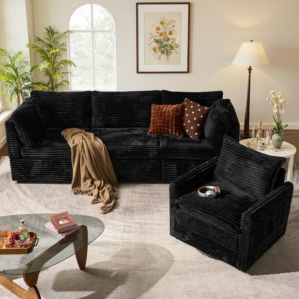 Sectional Cloud Couch Sofa with Swivel Chair, Comfy Deep Seat Modular Convertible Couches, Modern Plush Corduroy Sofas Set for Living Room, 4-Seater, Black