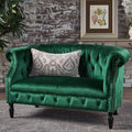 Melaina Tufted Chesterfield Velvet Loveseat with Scrolled Arms, Emerald and Dark Brown