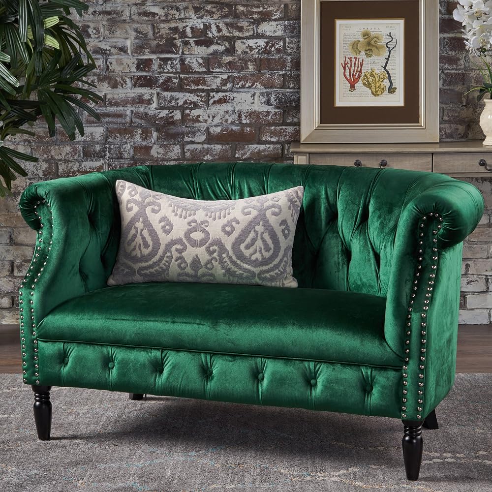 Melaina Tufted Chesterfield Velvet Loveseat with Scrolled Arms, Emerald and Dark Brown